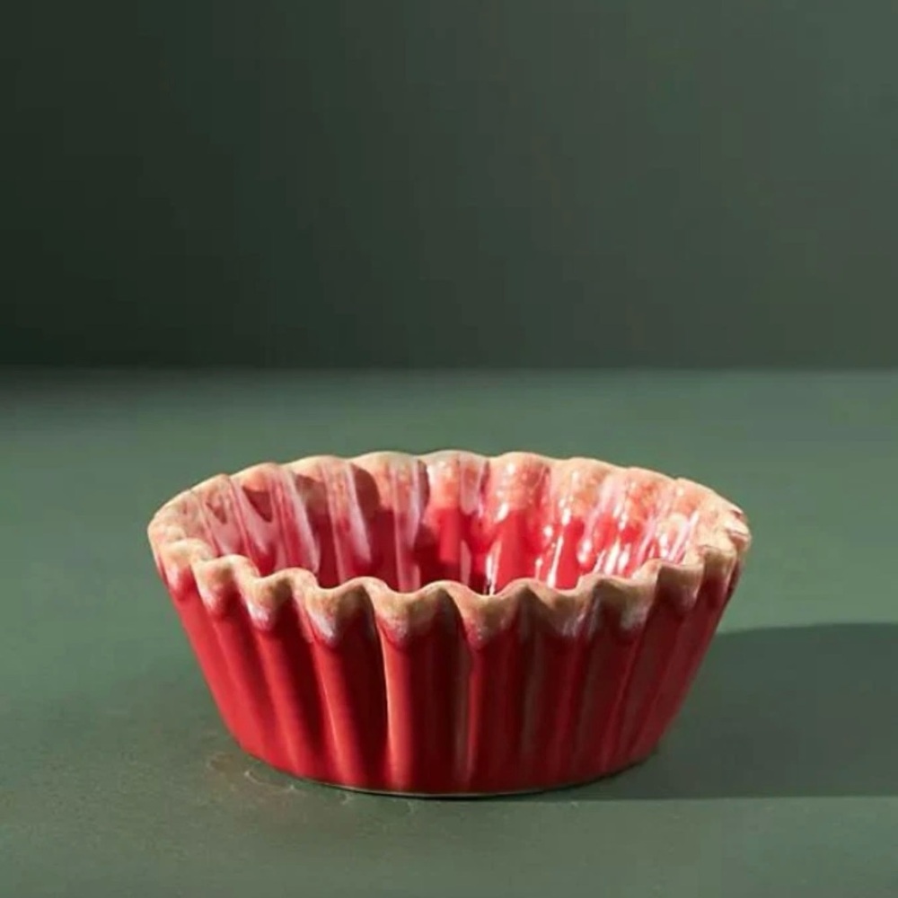 Anthropologie Kori Ramekin Red Hand-Glazed Stoneware Ruffled Ramekin Dish. New!